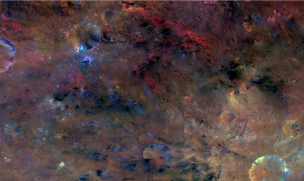 This colorful image from NASA's Dawn mission shows material northwest of the crater Sextilia on the giant asteroid Vesta. Sextilia, located around 30 degrees south latitude, is at the bottom right of this image. Image Credit: NASA/JPL-Caltech/UCLAMPS/DLR/IDA This colorful image from NASA's Dawn mission shows material northwest of the crater Sextilia on the giant asteroid Vesta. Sextilia, located around 30 degrees south latitude, is at the bottom right of this image. Image Credit: NASA/JPL-Caltech/UCLAMPS/DLR/IDA