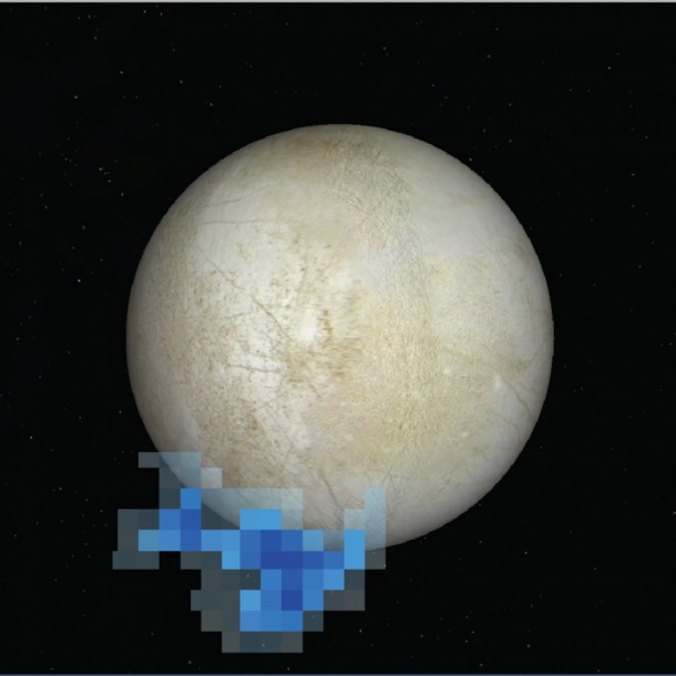 This graphic shows the location of water vapor detected over Europa's south pole in observations taken by NASA's Hubble Space Telescope in December 2012. Image Credit: NASA/ESA/L. Roth/SWRI/University of Cologne This graphic shows the location of water vapor detected over Europa's south pole in observations taken by NASA's Hubble Space Telescope in December 2012. Image Credit: NASA/ESA/L. Roth/SWRI/University of Cologne