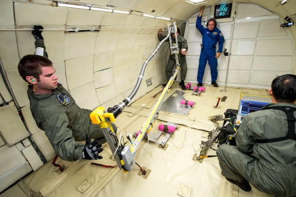 While controlled laboratory testing provides important data, testing in a microgravity environment was crucial to predicting how systems will actually perform in space. Checkouts on a zero-gravity aircraft demonstrated that propellant flexlines extended differently than predicted for some cases. The findings will allow engineers to develop accurate computer models for designing actual flight systems. Image Credit: NASA While controlled laboratory testing provides important data, testing in a microgravity environment was crucial to predicting how systems will actually perform in space. Checkouts on a zero-gravity aircraft demonstrated that propellant flexlines extended differently than predicted for some cases. The findings will allow engineers to develop accurate computer models for designing actual flight systems. Image Credit: NASA