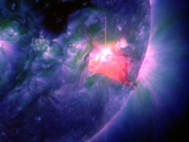 Several wavelengths of light are combined in this New Year's Day solar flare image, categorized as an M9.9 and peaking at 1:52 p.m. EST on Jan. 1, 2014. Each wavelength represents material at a different temperatures, helping scientists understand how it is moved and heated through these events. Image Credit: NASA/SDO Several wavelengths of light are combined in this New Year's Day solar flare image, categorized as an M9.9 and peaking at 1:52 p.m. EST on Jan. 1, 2014. Each wavelength represents material at a different temperatures, helping scientists understand how it is moved and heated through these events. Image Credit: NASA/SDO