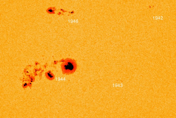 This labeled image taken by SDO's Helioseismic and Magnetic Imager shows the location of two active regions on the sun, labeled AR1944 and AR1943, which straddle a giant sunspot complex. A Jan. 17, 2014, X1.2-class flare emanated from an area closer to AR1943. Image Credit: NASA/SDO This labeled image taken by SDO's Helioseismic and Magnetic Imager shows the location of two active regions on the sun, labeled AR1944 and AR1943, which straddle a giant sunspot complex. A Jan. 17, 2014, X1.2-class flare emanated from an area closer to AR1943. Image Credit: NASA/SDO