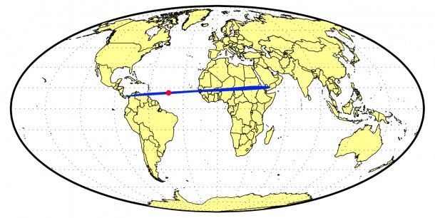 Figure 1 - This global map depicting possible impact locations of asteroid 2014 AA (blue band) is based on Catalina Sky Survey images. The most probable impact location, based on infrasound data, is depicted by the red dot to the left of center on the blue band. Image Credit: NASA/JPL-Caltech Figure 1 - This global map depicting possible impact locations of asteroid 2014 AA (blue band) is based on Catalina Sky Survey images. The most probable impact location, based on infrasound data, is depicted by the red dot to the left of center on the blue band. Image Credit: NASA/JPL-Caltech