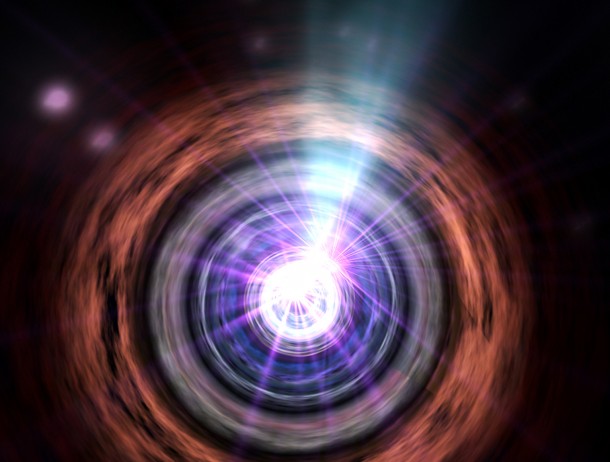 In the heart of an active galaxy, matter falling toward a supermassive black hole creates jets of particles traveling near the speed of light. For active galaxies classified as blazars, one of these jets beams almost directly toward Earth. Image Credit: NASA/Goddard Space Flight Center Conceptual Image Lab In the heart of an active galaxy, matter falling toward a supermassive black hole creates jets of particles traveling near the speed of light. For active galaxies classified as blazars, one of these jets beams almost directly toward Earth. Image Credit: NASA/Goddard Space Flight Center Conceptual Image Lab