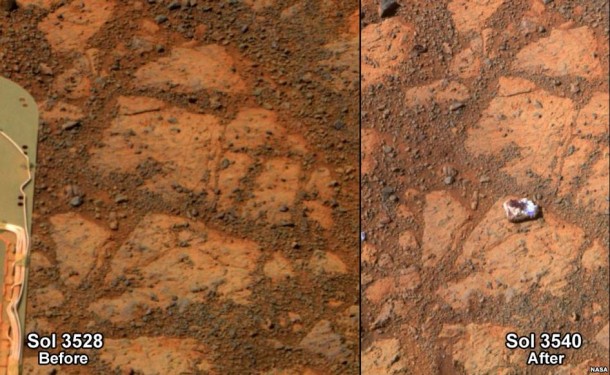The images are from Opportunity's panoramic camera (Pancam). The one on the left is from 3,528th Martian day, or sol, of the rover's work on Mars (Dec. 26, 2013). The one on the right, with the newly arrived rock, is from Sol 3540 (Jan. 8, 2014). ( NASA/JPL-Caltech/Cornell Univ./Arizona State Univ.) The images are from Opportunity's panoramic camera (Pancam). The one on the left is from 3,528th Martian day, or sol, of the rover's work on Mars (Dec. 26, 2013). The one on the right, with the newly arrived rock, is from Sol 3540 (Jan. 8, 2014). ( NASA/JPL-Caltech/Cornell Univ./Arizona State Univ.)