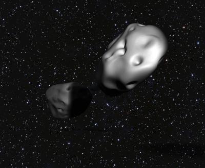 In this artist's rendering, the newly-identified binary asteroid 3905 Doppler approaches an eclipse as the larger asteroid begins to pass in front of the smaller one, as seen from a vantage point on Earth. Credit: Illustration: Loretta Kuo In this artist's rendering, the newly-identified binary asteroid 3905 Doppler approaches an eclipse as the larger asteroid begins to pass in front of the smaller one, as seen from a vantage point on Earth. Credit: Illustration: Loretta Kuo