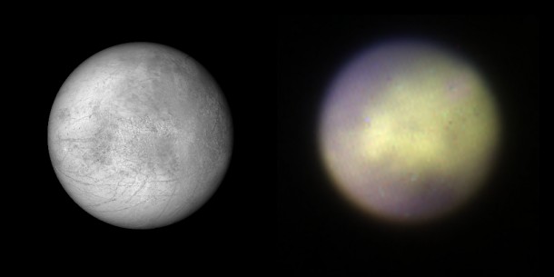 Figure 3. Comparison of Europa observed with Gemini Planet Imager in K1 band on the right and visible albedo visualization based on a composite map made from Galileo SSI and Voyager 1 and 2 data (from USGS) on the left. The GPI near-infrared color image is a combination of 3 wavelength channels. Image credit: Processing by Marshall Perrin, Space Telescope Science Institute and Franck Marchis SETI Institute Figure 3. Comparison of Europa observed with Gemini Planet Imager in K1 band on the right and visible albedo visualization based on a composite map made from Galileo SSI and Voyager 1 and 2 data (from USGS) on the left. The GPI near-infrared color image is a combination of 3 wavelength channels. Image credit: Processing by Marshall Perrin, Space Telescope Science Institute and Franck Marchis SETI Institute