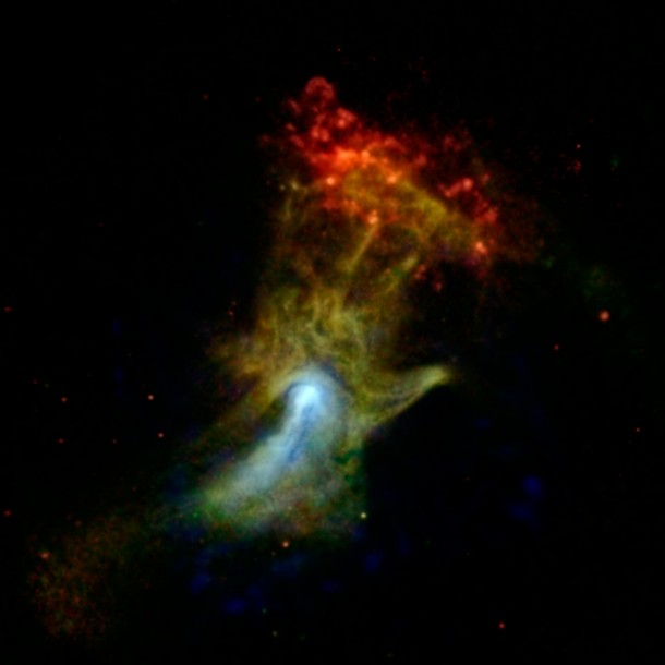 Can you see the shape of a hand in this new X-ray image? The hand might look like an X-ray from the doctor's office, but it is actually a cloud of material ejected from a star that exploded. NASA's Nuclear Spectroscopic Telescope Array, or NuSTAR, has imaged the structure in high-energy X-rays for the first time, shown in blue. Lower-energy X-ray light previously detected by NASA's Chandra X-ray Observatory is shown in green and red. Image credit: NASA/JPL-Caltech/McGill Can you see the shape of a hand in this new X-ray image? The hand might look like an X-ray from the doctor's office, but it is actually a cloud of material ejected from a star that exploded. NASA's Nuclear Spectroscopic Telescope Array, or NuSTAR, has imaged the structure in high-energy X-rays for the first time, shown in blue. Lower-energy X-ray light previously detected by NASA's Chandra X-ray Observatory is shown in green and red. Image credit: NASA/JPL-Caltech/McGill