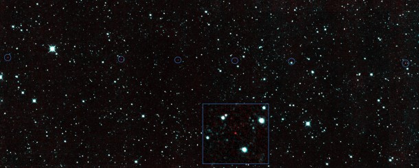 The six red dots in this composite picture indicate the location of the first new near-Earth asteroid seen by NASA's Near-Earth Object Wide-field Infrared Survey Explorer (NEOWISE) since the spacecraft came out of hibernation in December 2013. The asteroid, called 2013 YP139, is the first of hundreds of space-rock discoveries expected during its renewed mission. The inset shows a zoomed-in view of one of the detections of 2013 YP139. Image credit: NASA/JPL-Caltech The six red dots in this composite picture indicate the location of the first new near-Earth asteroid seen by NASA's Near-Earth Object Wide-field Infrared Survey Explorer (NEOWISE) since the spacecraft came out of hibernation in December 2013. The asteroid, called 2013 YP139, is the first of hundreds of space-rock discoveries expected during its renewed mission. The inset shows a zoomed-in view of one of the detections of 2013 YP139. Image credit: NASA/JPL-Caltech