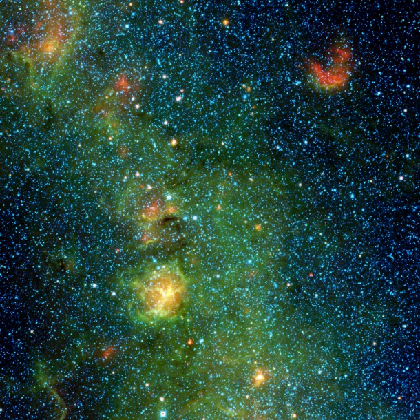 Radiation and winds from massive stars have blown a cavity into the surrounding dust and gas, creating the Trifid nebula, as seen here in infrared light by NASA's Wide-field Infrared Survey Explorer, or WISE. Image credit: NASA/JPL-Caltech/UCLA Radiation and winds from massive stars have blown a cavity into the surrounding dust and gas, creating the Trifid nebula, as seen here in infrared light by NASA's Wide-field Infrared Survey Explorer, or WISE. Image credit: NASA/JPL-Caltech/UCLA