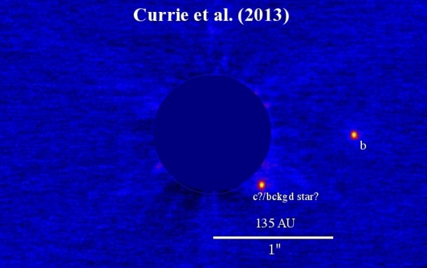 Image of the ROXs 42B system obtained with the Keck telescope. The star is located in the center of the masked region. ROXs 42Bb orbits at about 150 astronomical units (AU - 1 AU=the distance from Earth to the Sun.) The other object ("c") is a likely unrelated background star. Credit: Courtesy of Thayne Currie Image of the ROXs 42B system obtained with the Keck telescope. The star is located in the center of the masked region. ROXs 42Bb orbits at about 150 astronomical units (AU - 1 AU=the distance from Earth to the Sun.) The other object ("c") is a likely unrelated background star. Credit: Courtesy of Thayne Currie