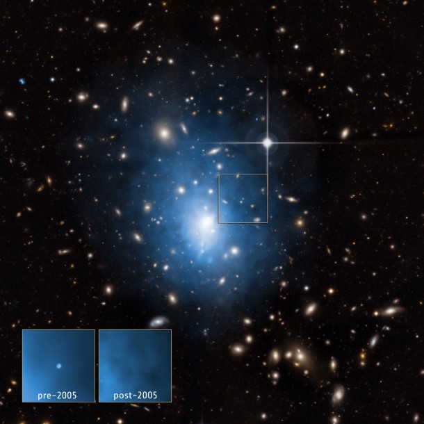 A dwarf galaxy is located in the galaxy cluster Abell 1795. Image Credit: X-ray: NASA/CXC/Univ. of Alabama/W.P.Maksym et al & NASA/CXC A dwarf galaxy is located in the galaxy cluster Abell 1795. Image Credit: X-ray: NASA/CXC/Univ. of Alabama/W.P.Maksym et al & NASA/CXC