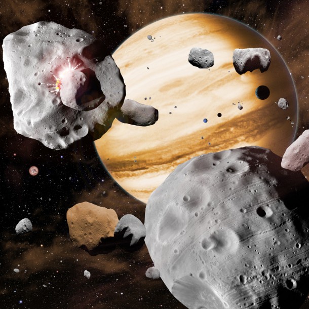 In this artist's conception, Jupiter's migration through the solar system has swept asteroids out of stable orbits, sending them careening into one another. As the gas giant planets migrated, they stirred the contents of the solar system. Objects from as close to the Sun as Mercury, and as far out as Neptune, all collected in the main asteroid belt, leading to the diverse composition we see today. David A. Aguilar (CfA) In this artist's conception, Jupiter's migration through the solar system has swept asteroids out of stable orbits, sending them careening into one another. As the gas giant planets migrated, they stirred the contents of the solar system. Objects from as close to the Sun as Mercury, and as far out as Neptune, all collected in the main asteroid belt, leading to the diverse composition we see today. David A. Aguilar (CfA)