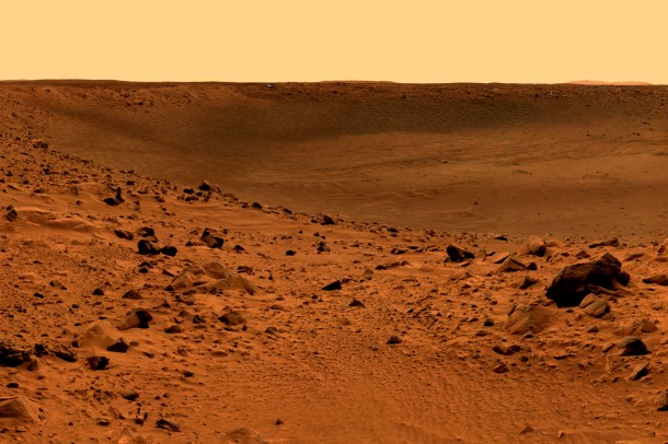 This 360-degree view from a position beside the crater informally named "Bonneville" was taken by the panoramic camera on the Spirit rover on May 18, 2004. Image Credit: NASA/JPL/Cornell University This 360-degree view from a position beside the crater informally named "Bonneville" was taken by the panoramic camera on the Spirit rover on May 18, 2004. Image Credit: NASA/JPL/Cornell University