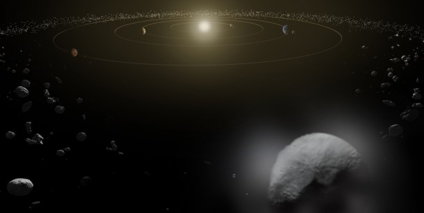 Dwarf planet Ceres is located in the main asteroid belt, between the orbits of Mars and Jupiter, as illustrated in this artist's conception. Image Credit: ESA/ATG medialab Dwarf planet Ceres is located in the main asteroid belt, between the orbits of Mars and Jupiter, as illustrated in this artist's conception. Image Credit: ESA/ATG medialab