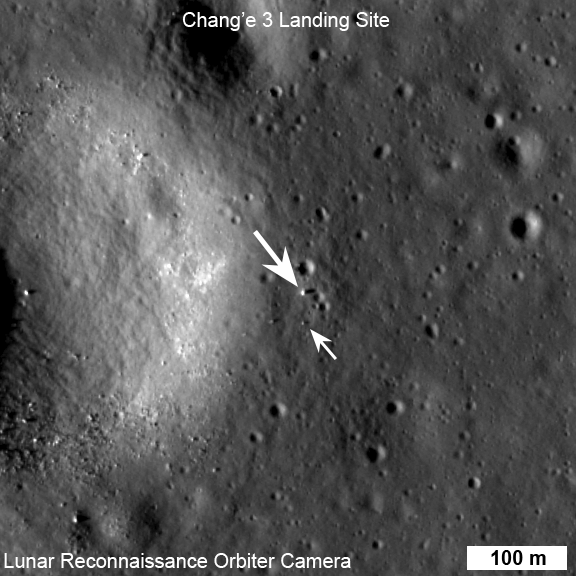 LROC NAC view of the Chang'e 3 lander (large arrow) and rover (small arrow) just before sunset on their first day of lunar exploration. LROC NAC M1142582775R, image width 576 m, north is up. Image Credit: NASA/GSFC/Arizona State University LROC NAC view of the Chang'e 3 lander (large arrow) and rover (small arrow) just before sunset on their first day of lunar exploration. LROC NAC M1142582775R, image width 576 m, north is up. Image Credit: NASA/GSFC/Arizona State University