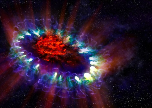 This artist's illustration of Supernova 1987A is based on real data and reveals the cold, inner regions of the exploded star's remnants (in red) where tremendous amounts of dust were detected and imaged by ALMA. This inner region is contrasted with the outer shell (lacy white and blue circles), where the blast wave from the supernova is colliding with the envelope of gas ejected from the star prior to its powerful detonation. Credit: ALMA (ESO/NAOJ/NRAO)/Alexandra Angelich (NRAO/AUI/NSF) This artist's illustration of Supernova 1987A is based on real data and reveals the cold, inner regions of the exploded star's remnants (in red) where tremendous amounts of dust were detected and imaged by ALMA. This inner region is contrasted with the outer shell (lacy white and blue circles), where the blast wave from the supernova is colliding with the envelope of gas ejected from the star prior to its powerful detonation. Credit: ALMA (ESO/NAOJ/NRAO)/Alexandra Angelich (NRAO/AUI/NSF)