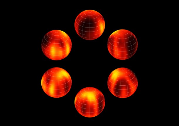 ESO's Very Large Telescope has been used to create the first ever map of the weather on the surface of the nearest brown dwarf to Earth. An international team has made a chart of the dark and light features on WISE J104915.57-531906.1B, which is informally known as Luhman 16B and is one of two recently discovered brown dwarfs forming a pair only six light-years from the Sun. The figure shows the object at six equally spaced times as it rotates once on its axis. Credit: ESO/I. Crossfield ESO's Very Large Telescope has been used to create the first ever map of the weather on the surface of the nearest brown dwarf to Earth. An international team has made a chart of the dark and light features on WISE J104915.57-531906.1B, which is informally known as Luhman 16B and is one of two recently discovered brown dwarfs forming a pair only six light-years from the Sun. The figure shows the object at six equally spaced times as it rotates once on its axis. Credit: ESO/I. Crossfield