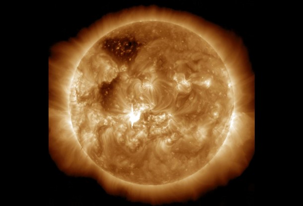 NASA's Solar Dynamics Observatory, which captures an image of the sun every 12 seconds, shows a mid-level solar flare at the center of the sun on Jan. 7, 2014. Image Credit: NASA/SDO NASA's Solar Dynamics Observatory, which captures an image of the sun every 12 seconds, shows a mid-level solar flare at the center of the sun on Jan. 7, 2014. Image Credit: NASA/SDO