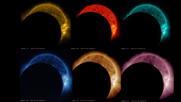 A rainbow of lunar transits as seen by NASA's Solar Dynamics Observatory. The observatory watches the sun in many different wavelengths of light, which are each colorized in a different color. Image Credit: NASA/SDO A rainbow of lunar transits as seen by NASA's Solar Dynamics Observatory. The observatory watches the sun in many different wavelengths of light, which are each colorized in a different color. Image Credit: NASA/SDO
