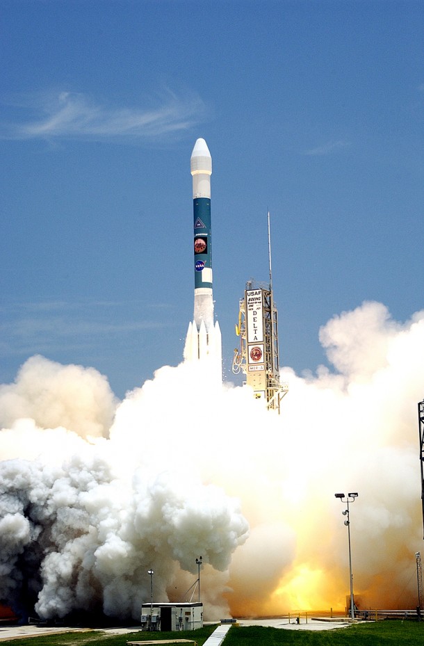 On June 10, 2003, the Delta II rocket with its Mars Exploration Rover-A, or Spirit, lifts off Launch Complex 17-A at Cape Canaveral Air Force Station to begin its journey to Mars. Image Credit: NASA On June 10, 2003, the Delta II rocket with its Mars Exploration Rover-A, or Spirit, lifts off Launch Complex 17-A at Cape Canaveral Air Force Station to begin its journey to Mars. Image Credit: NASA