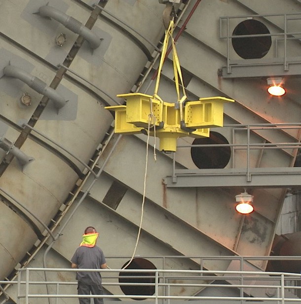 A thrust frame adapter is lifted onto the A-1 Test Stand at NASA’s Stennis Space Center in the closing days of 2013. Image Credit: NASA/SSC A thrust frame adapter is lifted onto the A-1 Test Stand at NASA’s Stennis Space Center in the closing days of 2013. Image Credit: NASA/SSC