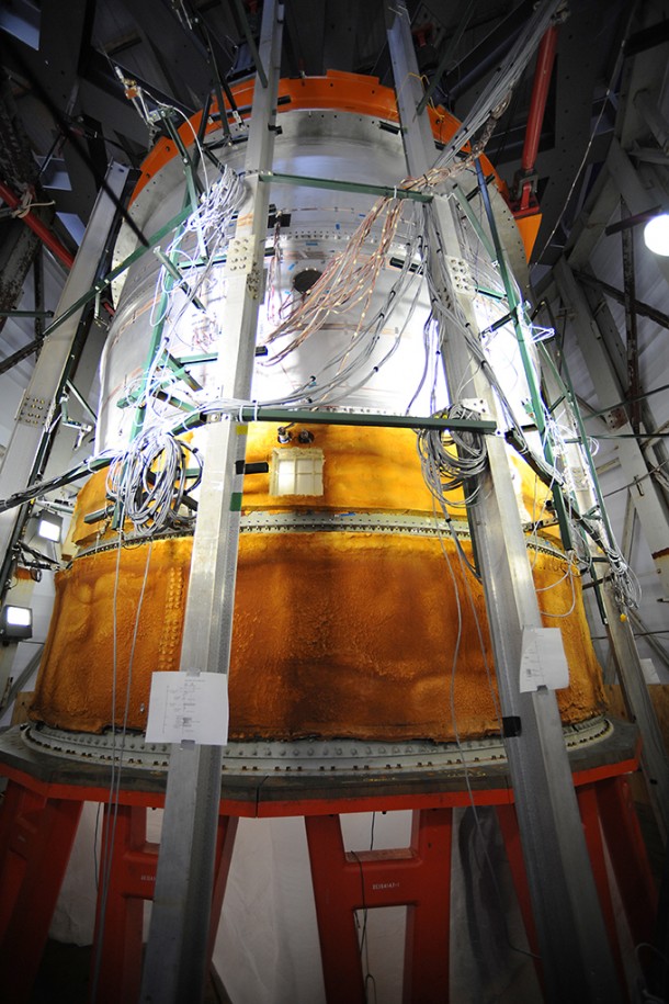 For the structural loads test, the adapter was attached with lines running in different directions on the hardware. Image Credit: NASA/MSFC/David Olive For the structural loads test, the adapter was attached with lines running in different directions on the hardware. Image Credit: NASA/MSFC/David Olive