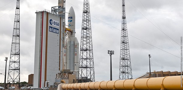 Ariane 5 is shown prior to liftoff from the Spaceport’s ELA-3 launch complex with its dual-passenger payload of ABS-2 and Athena-Fidus. Ariane 5 is shown prior to liftoff from the Spaceport’s ELA-3 launch complex with its dual-passenger payload of ABS-2 and Athena-Fidus.