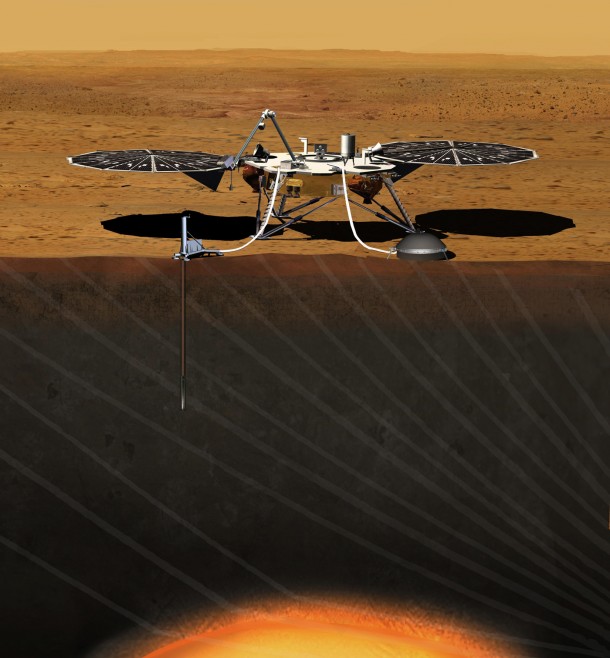 This artist's concept depicts the stationary NASA Mars lander known by the acronym InSight at work studying the interior of Mars. Image credit: NASA/JPL-Caltech This artist's concept depicts the stationary NASA Mars lander known by the acronym InSight at work studying the interior of Mars. Image credit: NASA/JPL-Caltech