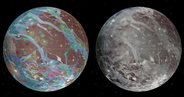 To present the best information in a single view of Jupiter's moon Ganymede, a global image mosaic was assembled, incorporating the best available imagery from NASA's Voyager 1 and 2 spacecraft and NASA's Galileo spacecraft. USGS Astrogeology Science Center/Wheaton/NASA/JPL-Caltech To present the best information in a single view of Jupiter's moon Ganymede, a global image mosaic was assembled, incorporating the best available imagery from NASA's Voyager 1 and 2 spacecraft and NASA's Galileo spacecraft. USGS Astrogeology Science Center/Wheaton/NASA/JPL-Caltech