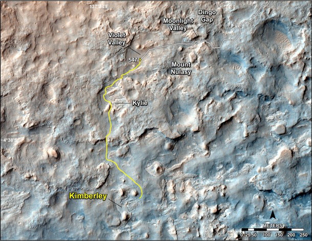 This map shows the route driven and route planned for NASA's Curiosity Mars rover from before reaching "Dingo Gap" -- in upper right -- to the mission's next science waypoint, "Kimberley" (formerly referred to as "KMS-9") -- in lower left. Credit: NASA/JPL-Caltech/Univ. of Arizona This map shows the route driven and route planned for NASA's Curiosity Mars rover from before reaching "Dingo Gap" -- in upper right -- to the mission's next science waypoint, "Kimberley" (formerly referred to as "KMS-9") -- in lower left. Credit: NASA/JPL-Caltech/Univ. of Arizona