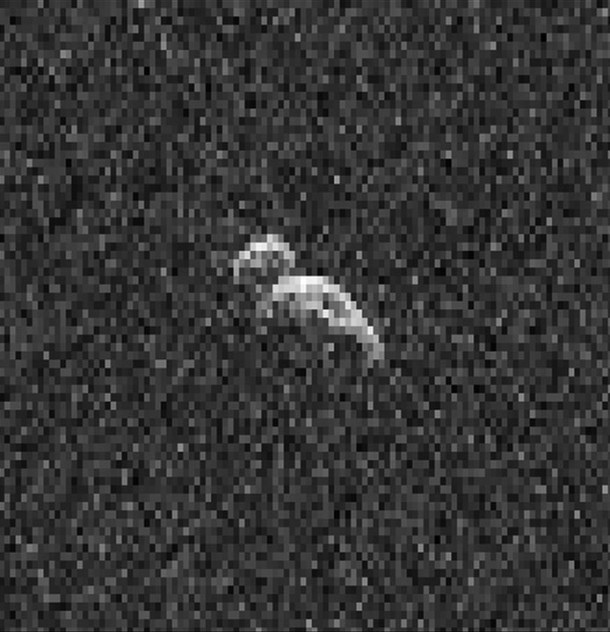 This image is one frame from a collage of radar images taken on Feb. 11, 2014, of near-Earth asteroid 2006 DP 14, which is about 1,300 feet (400 meters) long. The imaging used the 230-foot (70-meter) Deep Space Network antenna at Goldstone, Calif., while the asteroid was about 11 times farther from Earth than the moon is. Image credit: NASA/JPL-Caltech/GSSR This image is one frame from a collage of radar images taken on Feb. 11, 2014, of near-Earth asteroid 2006 DP 14, which is about 1,300 feet (400 meters) long. The imaging used the 230-foot (70-meter) Deep Space Network antenna at Goldstone, Calif., while the asteroid was about 11 times farther from Earth than the moon is. Image credit: NASA/JPL-Caltech/GSSR