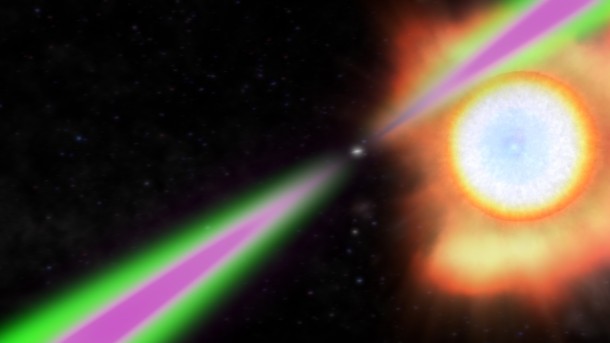 Spinning 390 times a second, PSR J1311−3430 periodically swings its radio (green) and gamma-ray (magenta) beams past Earth in this artist's concept. The pulsar heats the facing side of its stellar partner to temperatures twice as hot as the sun's surface and slowly evaporates it. Image Credit: NASA's Goddard Space Flight Center Spinning 390 times a second, PSR J1311−3430 periodically swings its radio (green) and gamma-ray (magenta) beams past Earth in this artist's concept. The pulsar heats the facing side of its stellar partner to temperatures twice as hot as the sun's surface and slowly evaporates it. Image Credit: NASA's Goddard Space Flight Center
