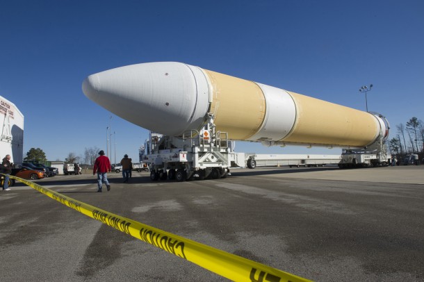 One of the Delta IV Heavy boosters that will be used in Orion’s launch this fall is turned around for loading onto the Mariner cargo barge. Image Credit: NASA/MSFC/Emmett Given One of the Delta IV Heavy boosters that will be used in Orion’s launch this fall is turned around for loading onto the Mariner cargo barge. Image Credit: NASA/MSFC/Emmett Given