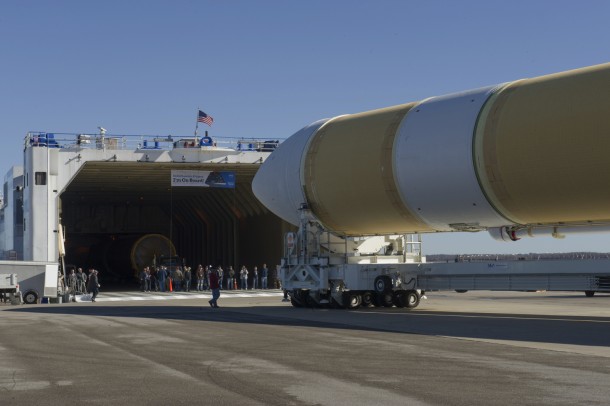 One of two completed boosters for the Delta IV Heavy rocket that will launch Orion on its first flight to space this fall is loaded onto a barge for transport to Cape Canaveral, Fla. Image Credit: NASA/MSFC/Emmett Given One of two completed boosters for the Delta IV Heavy rocket that will launch Orion on its first flight to space this fall is loaded onto a barge for transport to Cape Canaveral, Fla. Image Credit: NASA/MSFC/Emmett Given