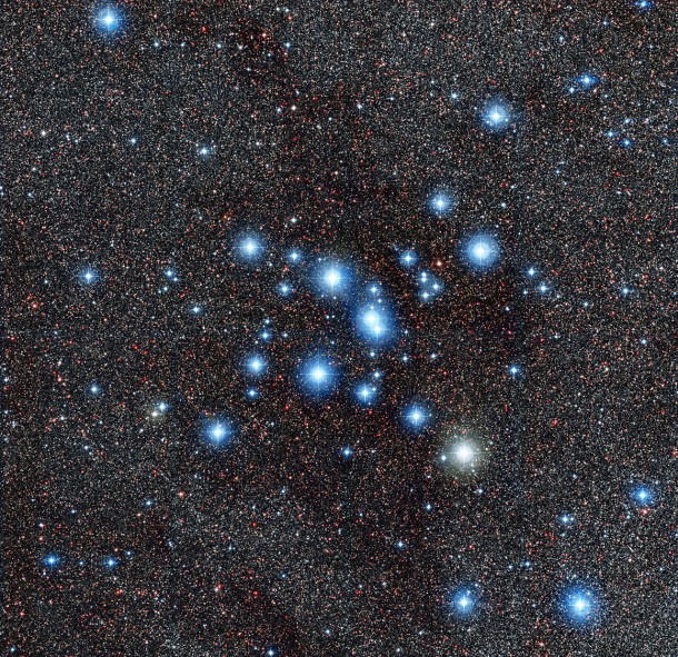 This new image from the Wide Field Imager on the MPG/ESO 2.2-metre telescope at ESO’s La Silla Observatory in Chile, shows the bright star cluster Messier 7, also known as NGC 6475. Easily spotted by the naked eye in the direction of the tail of the constellation of Scorpius (The Scorpion), this cluster is one of the most prominent open clusters of stars in the sky and an important research target. Credit: ESO This new image from the Wide Field Imager on the MPG/ESO 2.2-metre telescope at ESO’s La Silla Observatory in Chile, shows the bright star cluster Messier 7, also known as NGC 6475. Easily spotted by the naked eye in the direction of the tail of the constellation of Scorpius (The Scorpion), this cluster is one of the most prominent open clusters of stars in the sky and an important research target. Credit: ESO