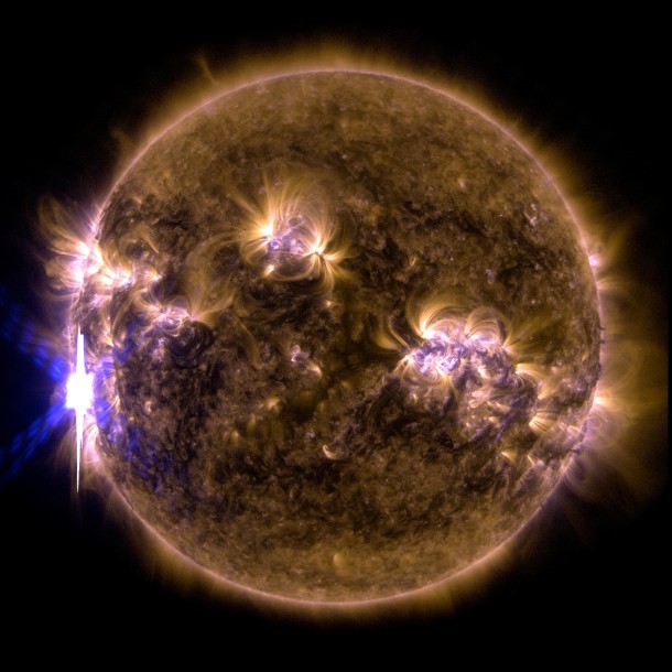 An X-class solar flare erupted on the left side of the sun on the evening of Feb. 24, 2014. This composite image, captured at 7:59 p.m. EST, shows the sun in ultraviolet light with wavelengths of both 131 and 171 angstroms. Image Credit: NASA/SDO An X-class solar flare erupted on the left side of the sun on the evening of Feb. 24, 2014. This composite image, captured at 7:59 p.m. EST, shows the sun in ultraviolet light with wavelengths of both 131 and 171 angstroms. Image Credit: NASA/SDO