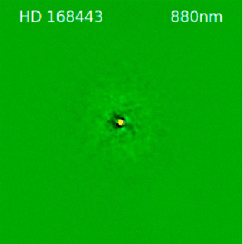 Figure 1: Gemini DSSI speckle image of HD 168443 at a wavelength of 880 nanometers. Field of view is 2.8” across with north up and east to the left. Figure 1: Gemini DSSI speckle image of HD 168443 at a wavelength of 880 nanometers. Field of view is 2.8” across with north up and east to the left.