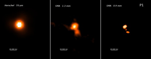These photos focus on the P1 star-forming region within the Snake nebula. The left panel shows a far-infrared view from the Herschel space telescope. Submillimeter views from the SMA are at center and right. The sensitive, high-resolution SMA images reveal small cosmic "seeds" spanning less than a tenth of a light-year, which will form one or a few massive stars. Herschel/EPoS, Sarah Ragan (MPIA); SMA, Ke Wang (ESO) These photos focus on the P1 star-forming region within the Snake nebula. The left panel shows a far-infrared view from the Herschel space telescope. Submillimeter views from the SMA are at center and right. The sensitive, high-resolution SMA images reveal small cosmic "seeds" spanning less than a tenth of a light-year, which will form one or a few massive stars. Herschel/EPoS, Sarah Ragan (MPIA); SMA, Ke Wang (ESO)