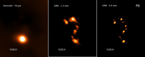 These photos focus on the P6 star-forming region within the Snake nebula. The left panel shows a far-infrared view from the Herschel space telescope. Submillimeter views from the SMA are at center and right. The sensitive, high-resolution SMA images reveal small cosmic "seeds" scattered in the shape of a question mark. Each seed will form one or a few massive stars. Herschel/EPoS, Sarah Ragan (MPIA); SMA, Ke Wang (ESO) These photos focus on the P6 star-forming region within the Snake nebula. The left panel shows a far-infrared view from the Herschel space telescope. Submillimeter views from the SMA are at center and right. The sensitive, high-resolution SMA images reveal small cosmic "seeds" scattered in the shape of a question mark. Each seed will form one or a few massive stars. Herschel/EPoS, Sarah Ragan (MPIA); SMA, Ke Wang (ESO)