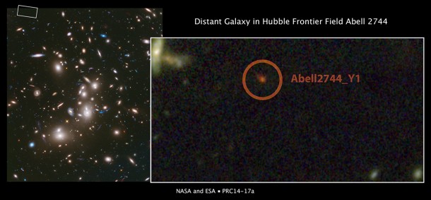 This is a Hubble Space Telescope deep image of galaxy cluster Abell 2744. The inset image shows the region around galaxy Abell2744_Y1, one of the most distant galaxies in the universe. The image shows the galaxy as it appeared 650 million years after the big bang. Credit: NASA, ESA, and J. Lotz, M. Mountain, A. Koekemoer, and the HFF Team (STScI), and N. Laporte (Instituto de Astrofisica de Canarias) This is a Hubble Space Telescope deep image of galaxy cluster Abell 2744. The inset image shows the region around galaxy Abell2744_Y1, one of the most distant galaxies in the universe. The image shows the galaxy as it appeared 650 million years after the big bang. Credit: NASA, ESA, and J. Lotz, M. Mountain, A. Koekemoer, and the HFF Team (STScI), and N. Laporte (Instituto de Astrofisica de Canarias)