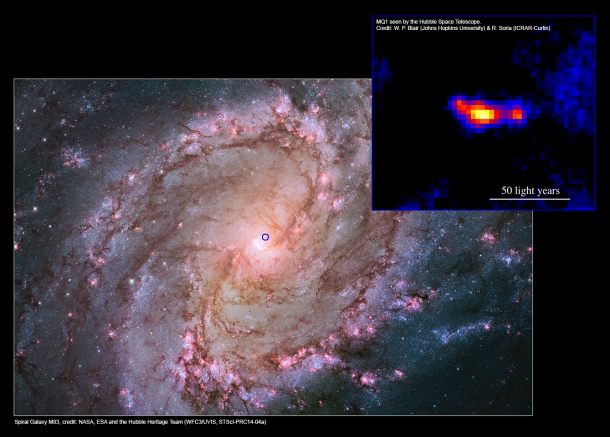 Nearby spiral galaxy M83 and the MQ1 system with jets, as seen by the Hubble Space Telescope. The blue circle marks the position of the MQ1 system in the galaxy (shown inset). Image Credits: M83 - NASA, ESA and the Hubble Heritage Team (WFC3/UVIS, STScI-PRC14-04a).MQ1 inset - W. P. Blair (Johns Hopkins University) & R. Soria (ICRAR-Curtin). Nearby spiral galaxy M83 and the MQ1 system with jets, as seen by the Hubble Space Telescope. The blue circle marks the position of the MQ1 system in the galaxy (shown inset). Image Credits: M83 - NASA, ESA and the Hubble Heritage Team (WFC3/UVIS, STScI-PRC14-04a).MQ1 inset - W. P. Blair (Johns Hopkins University) & R. Soria (ICRAR-Curtin).