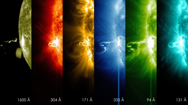 These SDO images from 7:25 p.m. EST on Feb. 24, 2014, show the first moments of an X-class flare in different wavelengths of light -- seen as the bright spot that appears on the left limb of the sun. Hot solar material can be seen hovering above the active region in the sun's atmosphere, the corona. Image Credit: NASA/SDO These SDO images from 7:25 p.m. EST on Feb. 24, 2014, show the first moments of an X-class flare in different wavelengths of light -- seen as the bright spot that appears on the left limb of the sun. Hot solar material can be seen hovering above the active region in the sun's atmosphere, the corona. Image Credit: NASA/SDO