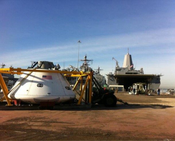 Preparations are underway to load a test version of the Orion crew module on a U.S. Navy ship in San Diego, California, for an underway recovery test in the Pacific Ocean. Image Credit: NASA Preparations are underway to load a test version of the Orion crew module on a U.S. Navy ship in San Diego, California, for an underway recovery test in the Pacific Ocean. Image Credit: NASA