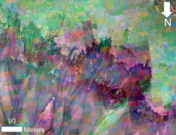 This image combines a photograph of seasonal dark flows on a Martian slope with a grid of colors based on data collected by a mineral-mapping spectrometer observing the same area. Image Credit: NASA/JPL-Caltech/UA/JHU-APL This image combines a photograph of seasonal dark flows on a Martian slope with a grid of colors based on data collected by a mineral-mapping spectrometer observing the same area. Image Credit: NASA/JPL-Caltech/UA/JHU-APL