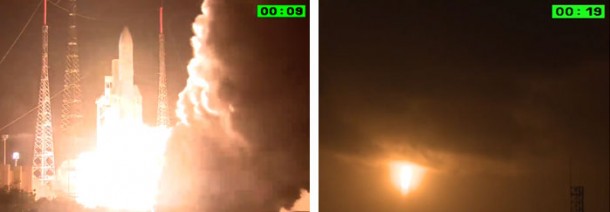 Ariane 5 performs another on-time lift-off from the Spaceport (photo at left) and ascends through a low cloud deck with its dual payload. Ariane 5 performs another on-time lift-off from the Spaceport (photo at left) and ascends through a low cloud deck with its dual payload.