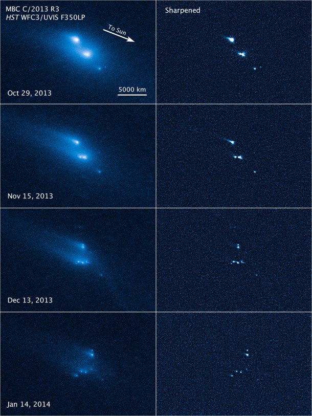 This series of Hubble Space Telescope images reveals the breakup of an asteroid over a period of several months starting in late 2013. The largest fragments are up to 180 meters (200 yards) in radius. Image Credit: NASA, ESA, D. Jewitt (UCLA) This series of Hubble Space Telescope images reveals the breakup of an asteroid over a period of several months starting in late 2013. The largest fragments are up to 180 meters (200 yards) in radius. Image Credit: NASA, ESA, D. Jewitt (UCLA)