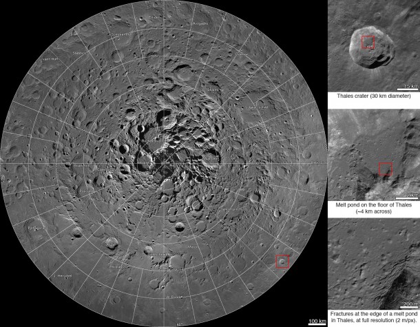 A new interactive mosaic from NASA's Lunar Reconnaissance Orbiter covers the north pole of the moon from 60 to 90 degrees north latitude at a resolution of 6-1/2 feet (2 meters) per pixel. Close-ups of Thales crater (right side) zoom in to reveal increasing levels of detail. Image Credit: NASA/GSFC/Arizona State University A new interactive mosaic from NASA's Lunar Reconnaissance Orbiter covers the north pole of the moon from 60 to 90 degrees north latitude at a resolution of 6-1/2 feet (2 meters) per pixel. Close-ups of Thales crater (right side) zoom in to reveal increasing levels of detail. Image Credit: NASA/GSFC/Arizona State University