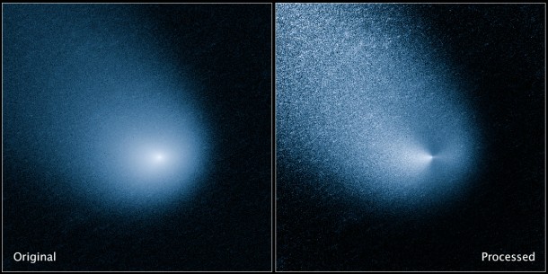 The images above show -- before and after filtering -- comet C/2013 A1, also known as Siding Spring, as captured by Wide Field Camera 3 on NASA's Hubble Space Telescope. Image Credit: NASA, ESA, and J.-Y. Li (Planetary Science Institute) The images above show -- before and after filtering -- comet C/2013 A1, also known as Siding Spring, as captured by Wide Field Camera 3 on NASA's Hubble Space Telescope. Image Credit: NASA, ESA, and J.-Y. Li (Planetary Science Institute)