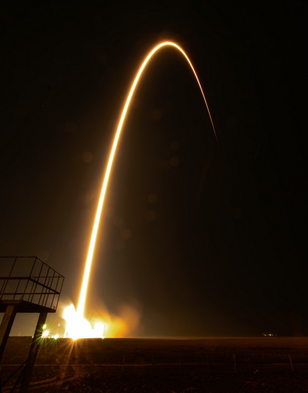 This long expsoure photograph shows the flight path of the Soyuz TMA-12M rocket as it launches from the Baikonur Cosmodrome in Kazakhstan on Wednesday, March 26, 2014. Image Credit: NASA/Bill Ingalls This long expsoure photograph shows the flight path of the Soyuz TMA-12M rocket as it launches from the Baikonur Cosmodrome in Kazakhstan on Wednesday, March 26, 2014. Image Credit: NASA/Bill Ingalls