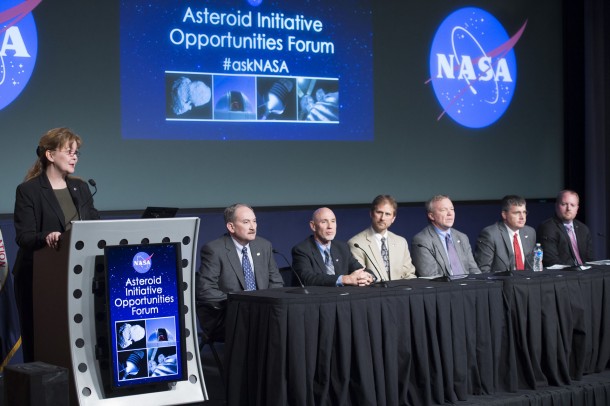 Michele Gates of NASA Headquarters led the first panel on Asteroid Redirect Mission concept studies. Seated left to right: Lindley Johnson, Brian Muirhead, Dan Mazanek, Jim Reuter, Steve Stich, Jason Crusan. Image Credit: NASA Michele Gates of NASA Headquarters led the first panel on Asteroid Redirect Mission concept studies. Seated left to right: Lindley Johnson, Brian Muirhead, Dan Mazanek, Jim Reuter, Steve Stich, Jason Crusan. Image Credit: NASA